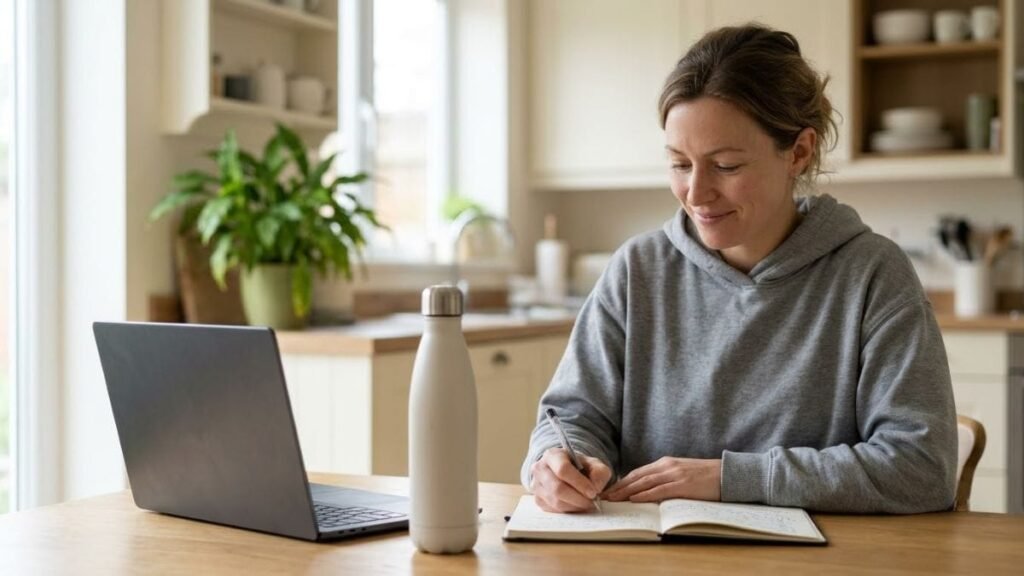 Woman writing a weekly plan in a notebook beside a water bottle at the kitchen table