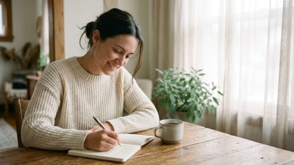 Woman writing in a notebook beside a mug of tea, learning how to start journaling