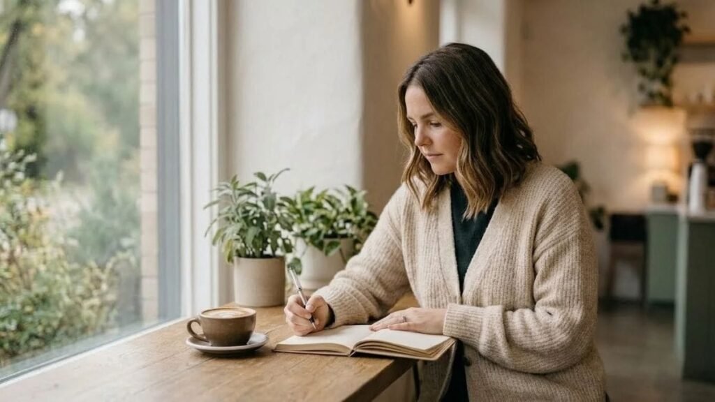 Woman writing in a notebook by a window, deciding on her own boundaries in a relationship