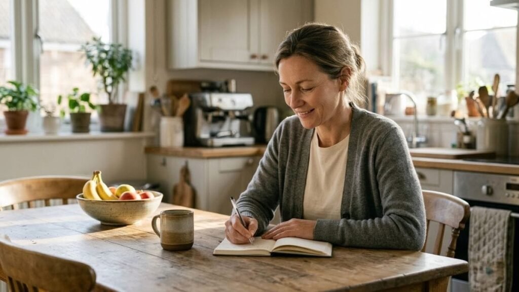Woman writing in a small journal with morning coffee, an example of how to start journaling