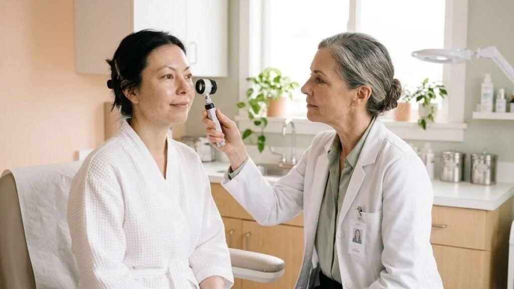 Dermatologist examining a patient's skin, advice beyond a basic skincare routine for women