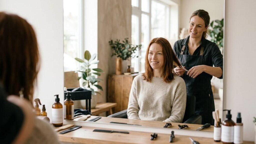 Stylist with scissors and comb preparing a client's hair, a hair care routine for split ends step