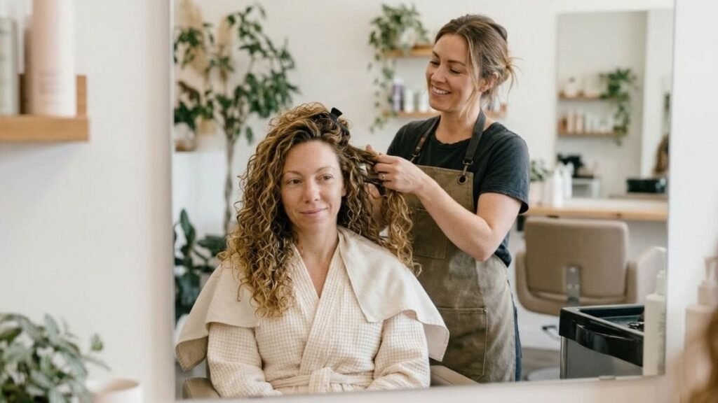 Stylist sectioning a client's curls in a salon, how to detangle curly hair