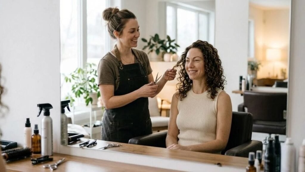 Stylist trimming a client's curls in a salon as part of a hair care routine for curly hair