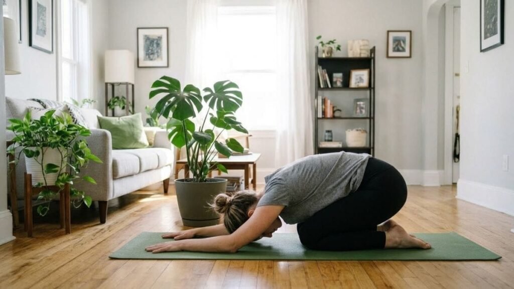 Woman resting in child's pose on a yoga mat with arms stretched forward