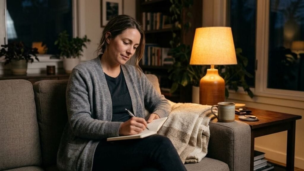 Woman writing tomorrow's to-do list in a notebook on a sofa beside a lamp